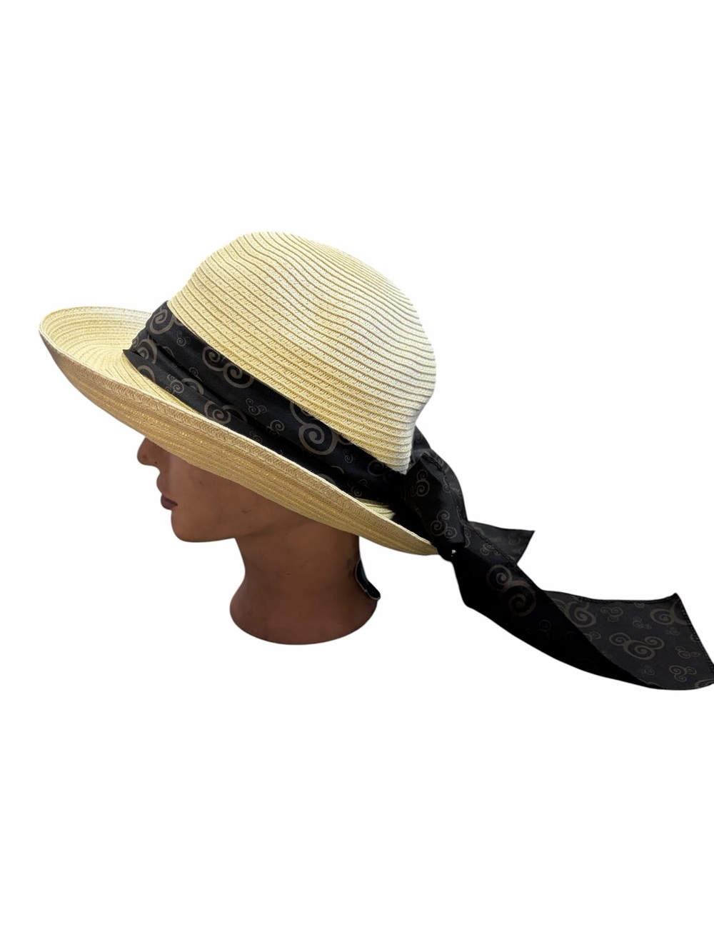 Disney Parks Authentic Original Women Straw Sun Hat Black Ribbon Bow Cream Adult
